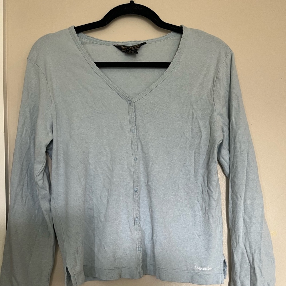 2000s Abercrombie and Fitch Light Blue 100% Cotton Cardigan Button Up